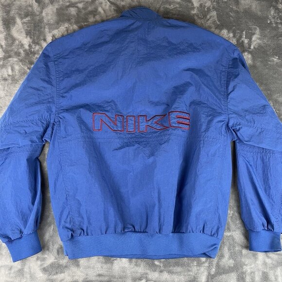 VTG 90s Nike Navy Blue Orange Logo Spellout Windbreaker Anorak Jacket Mens L - Picture 2 of 6